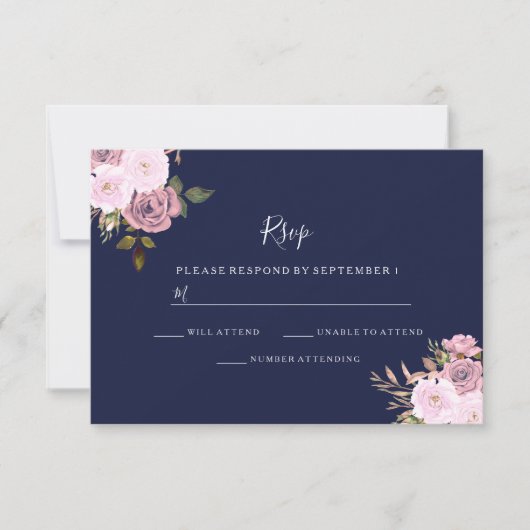 Navy Blue en Roos Gold Floral Wedding RSVP Kaartje (Voorkant)