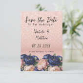Navy Blue en Roos Gold Floral Wedding Save The Date (Staand voorkant)