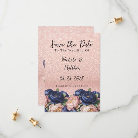 Navy Blue en Roos Gold Floral Wedding Save The Date (Voorkant / Achterkant in situ)