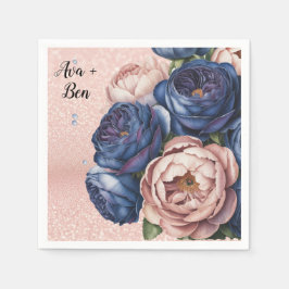 Navy Blue en Roos Gold Floral Wedding Servet