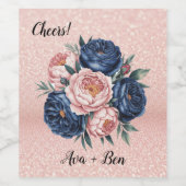 Navy Blue en Roos Gold Floral Wedding Wijn Etiket (Enkel label)