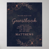 Navy Blue en Roos Gold Foil Floral Guestbook Poster (Voorkant)