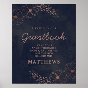 Navy Blue en Roos Gold Foil Floral Guestbook Poster