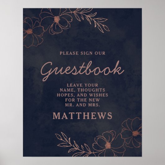 Navy Blue en Roos Gold Foil Floral Guestbook Poster (Voorkant)
