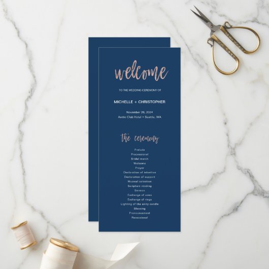 Navy Blue en Roos Gold Glam Chic Wedding Program Programmakaart (Voorkant / Achterkant in situ)