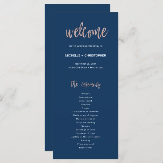 Navy Blue en Roos Gold Glam Chic Wedding Program Programmakaart (Voorkant / Achterkant)