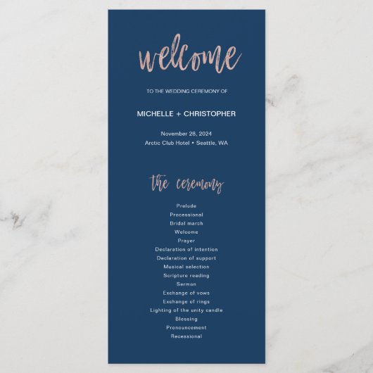 Navy Blue en Roos Gold Glam Chic Wedding Program Programmakaart (Voorkant)