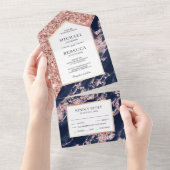 Navy Blue en Roos Gold Glitter Marble Wedding All In One Uitnodiging (Afscheurbaar)