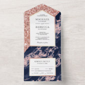 Navy Blue en Roos Gold Glitter Marble Wedding All In One Uitnodiging (Binnen)