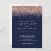 Navy Blue en Roos Gold Glitter Wedding Invitation Aankondiging (Voorkant)