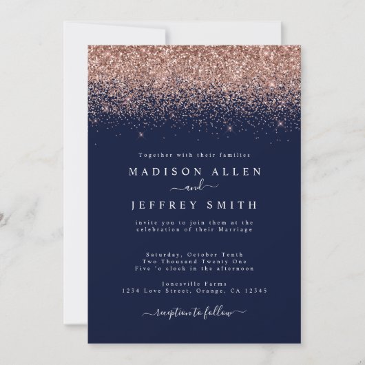 Navy Blue en Roos Gold Glitter Wedding Invitation Aankondiging (Voorkant)