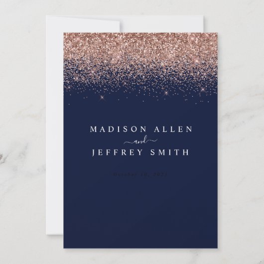 Navy Blue en Roos Gold Glitter Wedding Invitation Aankondiging (Achterkant)