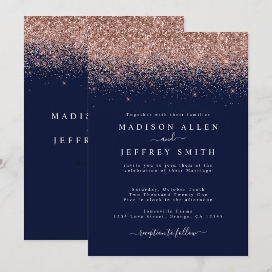 Navy Blue en Roos Gold Glitter Wedding Invitation Aankondiging (Voorkant / Achterkant)