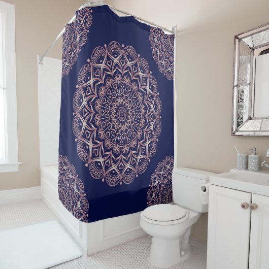 Navy Blue en Roos Gold Mandala Boho Douchegordijn (In situ)