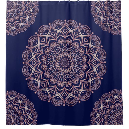 Navy Blue en Roos Gold Mandala Boho Douchegordijn (Voorkant)