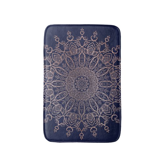 Navy Blue en Roos Gold Mandala Elegant Boho Badmat (Voorkant Verticaal)