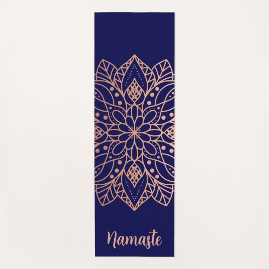 Navy Blue en Roos Gold Mandala Flower Custom Name Yogamat (Voorkant)