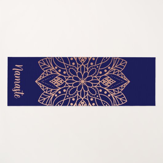 Navy Blue en Roos Gold Mandala Flower Custom Name Yogamat (Voorkant (horizontaal))