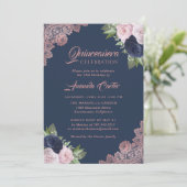 Navy Blue en Roos Gold Quinceañera 15e verjaardag Kaart (Staand voorkant)