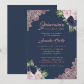 Navy Blue en Roos Gold Quinceañera 15e verjaardag Kaart (Voorkant / Achterkant)