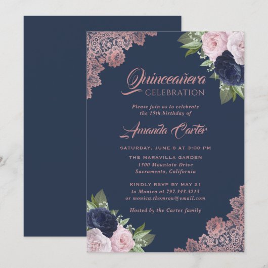 Navy Blue en Roos Gold Quinceañera 15e verjaardag Kaart (Voorkant / Achterkant)