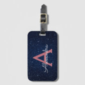 Navy Blue en Roos Gold Sparkle Glitter Monogram Bagagelabel (Voorkant (verticaal))