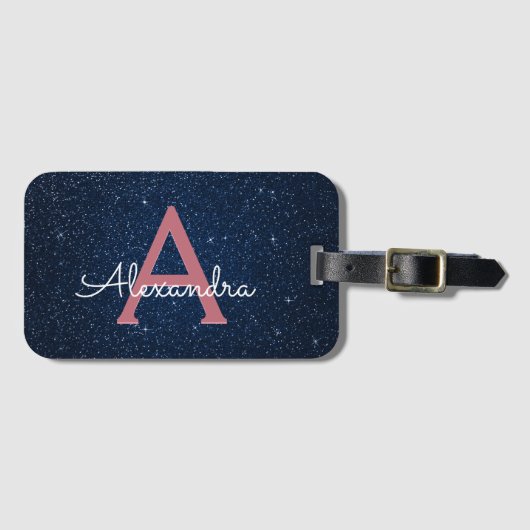 Navy Blue en Roos Gold Sparkle Glitter Monogram Bagagelabel (Voorkant (horizontaal))