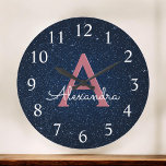 Navy Blue en Roos Gold Sparkle Glitter Monogram Grote Klok<br><div class="desc">Navy Blue en Roze Rose Gold Sparkle Glitter Monogram Name en Initiaal Serving Wall Clock. De Wall Clock geeft het perfecte cadeau aan iemand die van roze Rose Gold en Midnight Blue glitter houdt.</div>