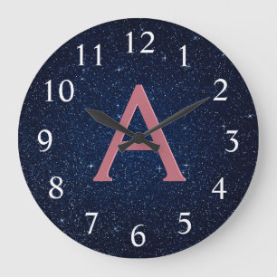 Navy Blue en Roos Gold Sparkle Glitter Monogram Grote Klok