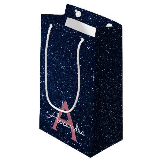 Navy Blue en Roos Gold Sparkle Glitter Monogram Klein Cadeauzakje (Voorkant Gekanteld)