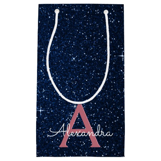 Navy Blue en Roos Gold Sparkle Glitter Monogram Klein Cadeauzakje (Voorkant)