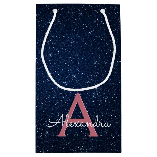Navy Blue en Roos Gold Sparkle Glitter Monogram Klein Cadeauzakje (Achterkant)