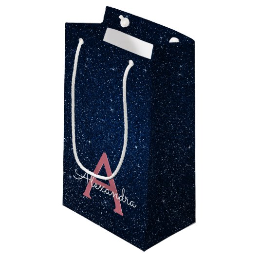 Navy Blue en Roos Gold Sparkle Glitter Monogram Klein Cadeauzakje (Voorkant Gekanteld)