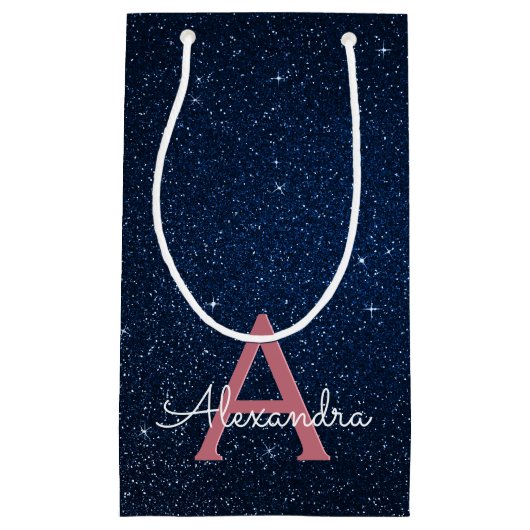 Navy Blue en Roos Gold Sparkle Glitter Monogram Klein Cadeauzakje (Voorkant)