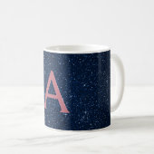 Navy Blue en Roos Gold Sparkle Glitter Monogram Koffiemok (Voorkant rechts)