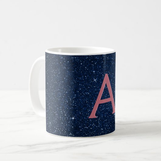 Navy Blue en Roos Gold Sparkle Glitter Monogram Koffiemok (Voorkant links)