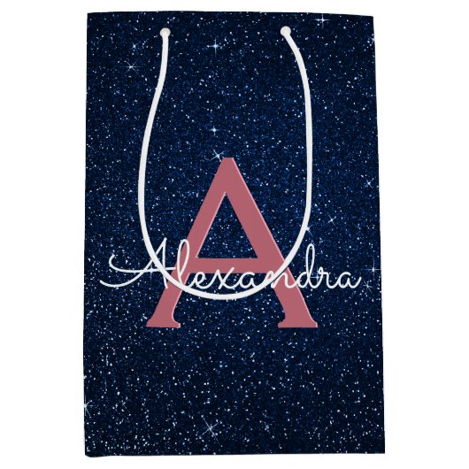 Navy Blue en Roos Gold Sparkle Glitter Monogram Medium Cadeauzakje (Voorkant)