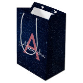 Navy Blue en Roos Gold Sparkle Glitter Monogram Medium Cadeauzakje (Achterkant Gekanteld)