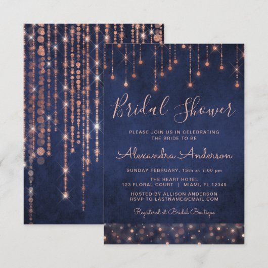 Navy Blue en Roos Gold Vrijgezellenfeest Kaart (Voorkant / Achterkant)