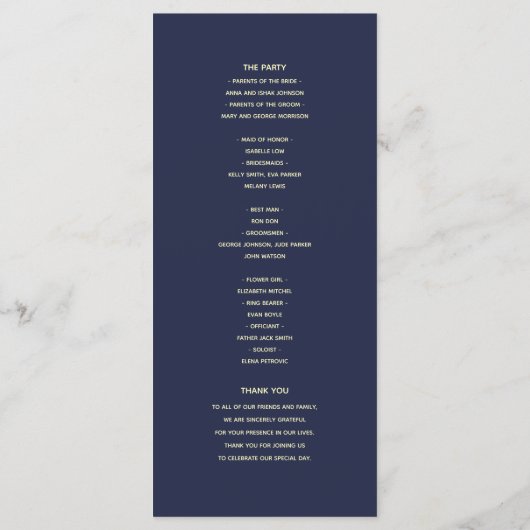 Navy Blue en Roos Gold Wedding Program Programmakaart (Achterkant)