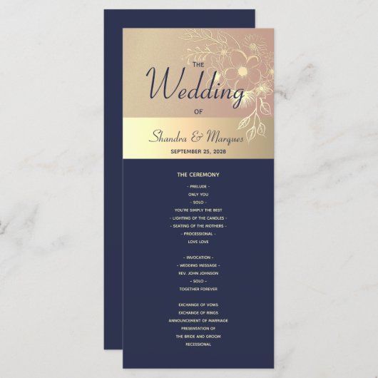 Navy Blue en Roos Gold Wedding Program Programmakaart (Voorkant / Achterkant)