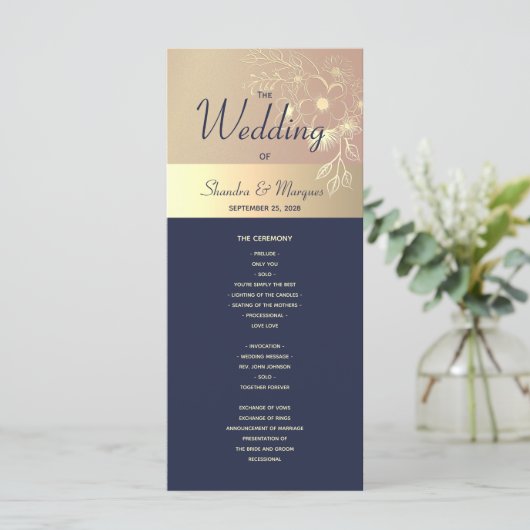 Navy Blue en Roos Gold Wedding Program Programmakaart (Staand voorkant)
