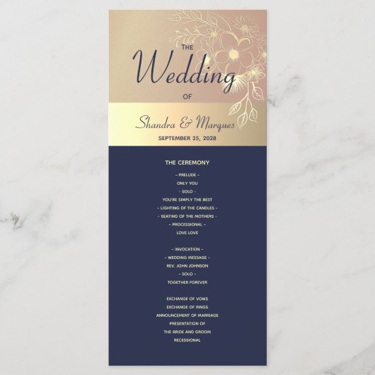 Navy Blue en Roos Gold Wedding Program Programmakaart (Voorkant)