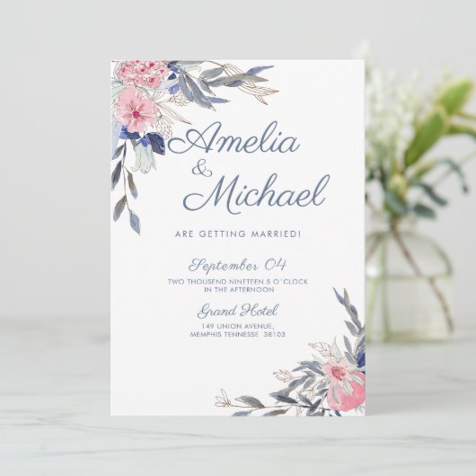 Navy Blue en roze bloemen Kaart (Staand voorkant)