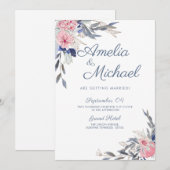 Navy Blue en roze bloemen Kaart (Voorkant / Achterkant)