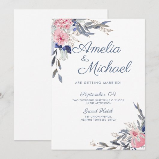 Navy Blue en roze bloemen Kaart (Voorkant / Achterkant)