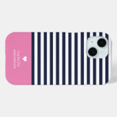 Navy Blue en Roze Chic Stripes Heart Monogram Case-Mate iPhone Case (Achterkant (horizontaal))
