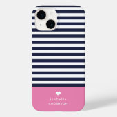 Navy Blue en Roze Chic Stripes Heart Monogram Case-Mate iPhone Case (Achterkant)