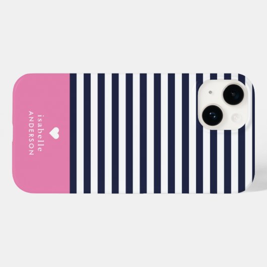 Navy Blue en Roze Chic Stripes Heart Monogram Case-Mate iPhone Case (Achterkant (horizontaal))