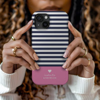 Navy Blue en Roze Chic Stripes Heart Monogram